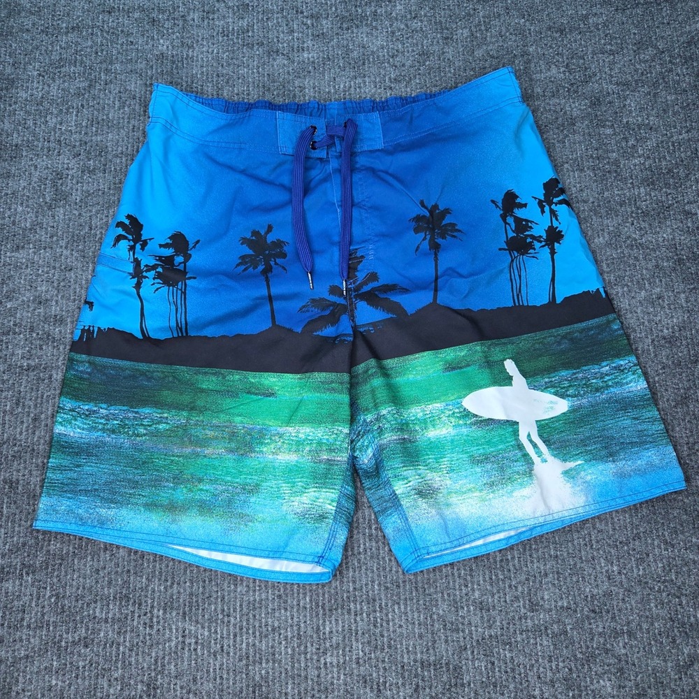 Joe Boxer Board Shorts Mens XL Blue Tropical Palm Tree Surfer Beach Swim Trunks